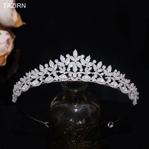 Tazirn Small Floral Wedding Bride Crowns Cubic Zirconia Tiaras Handmade Cz Bridal Headdress Prom