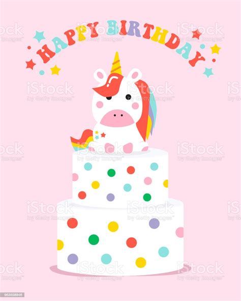 Happy Birthday Unicorn Birthday Cake Card Vector Illustration Stock