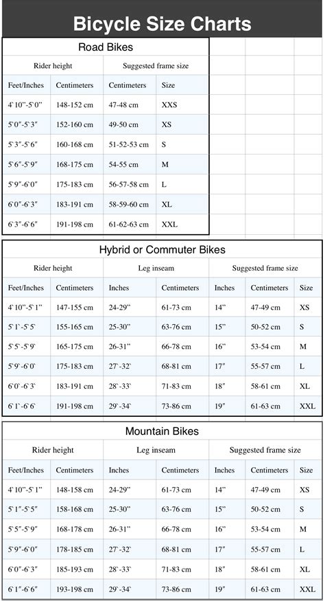 Cannondale Bicycle Size Chart