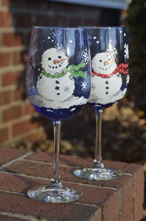 Whimsical Snowmen Hand Painted Wine Glass Pages Cranial Bands Hand
