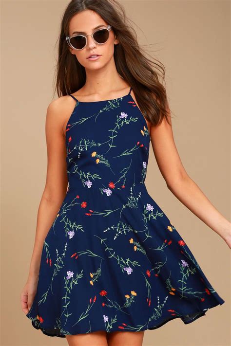 Cute Navy Blue Floral Print Dress Skater Dress Backless Dress Navy