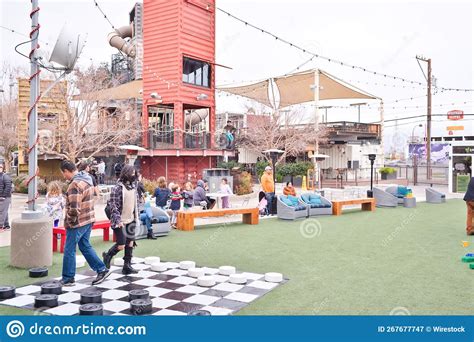 Playground Courtyard Of The Downtown Container Park With Many People In Las Vegas Nevada Usa