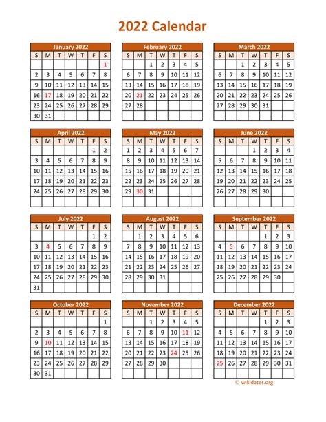Full Year 2022 Calendar On One Page
