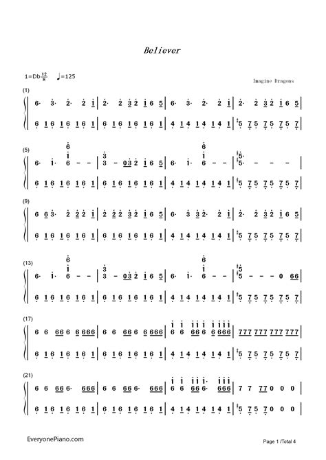 Download imagine dragons believer sheet music notes and printable pdf score arranged for easy piano. Believer-Imagine Dragons Numbered Musical Notation Preview