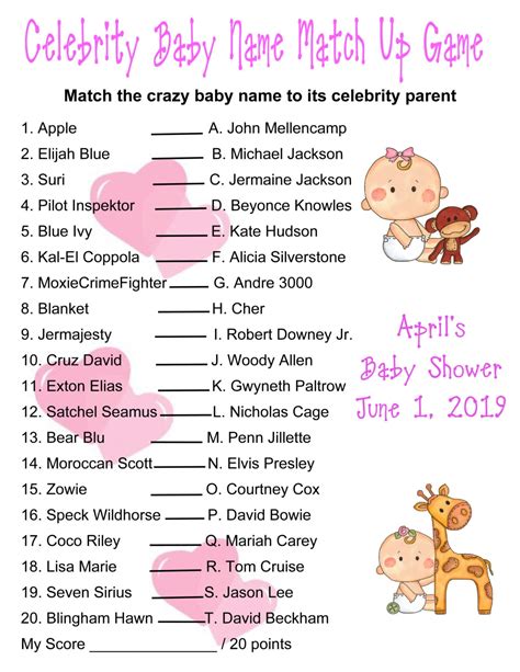 Personalized Baby Shower Celebrity Baby Name Game Girl
