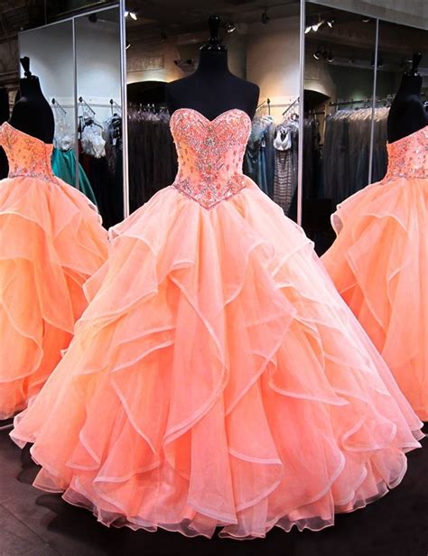 Ball Gown Sweetheart Coral Satin Organza Ruffle Puffy Quinceanera Prom Dress