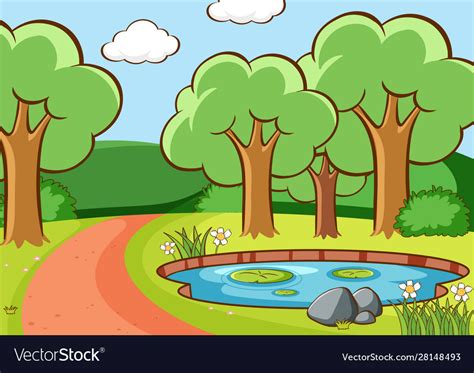 Scene With Trees And Pond In Forest Royalty Free Vector