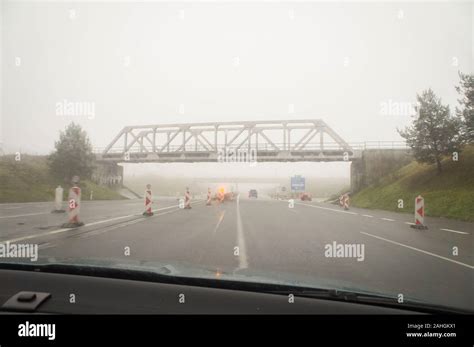 Thick Heavy Dense Fog Winter European Route E55 D3 Motorway Steel Truss Railway Bridge