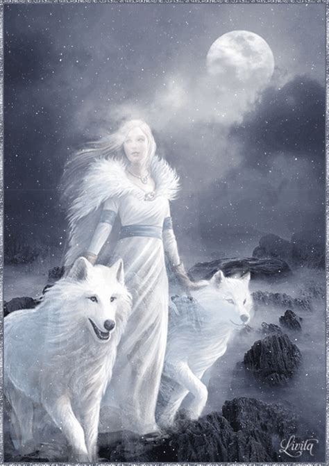 A Woman And Two White Wolfs In Front Of A Full Moon With The Sky Behind Her