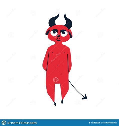 Cartoon Red Devil With Horn Vector Flat Illustration Cute Little