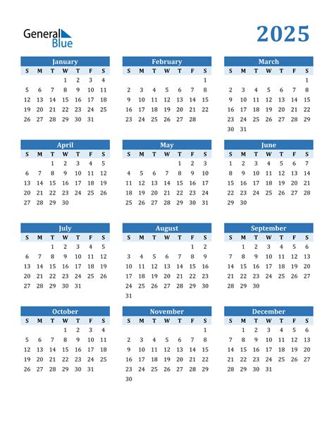 2025 Year Calendar Free Printable
