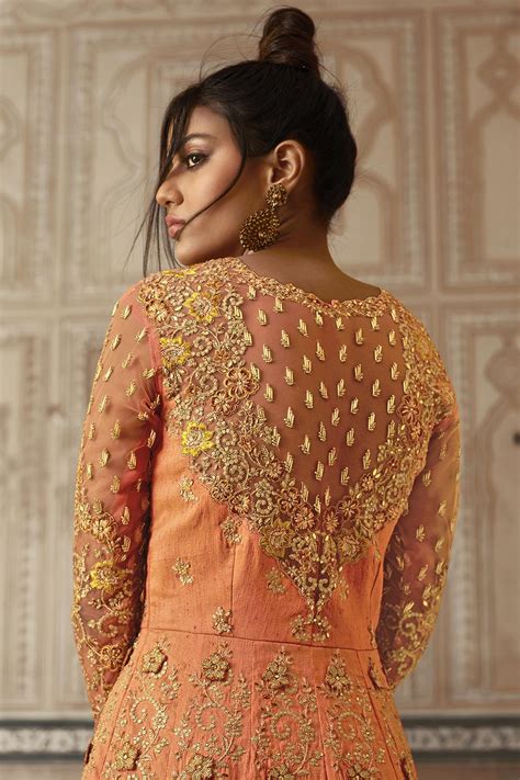 Buy Orange Zari Embroidered Anarkali Suit With Lehenga Online Like A Diva