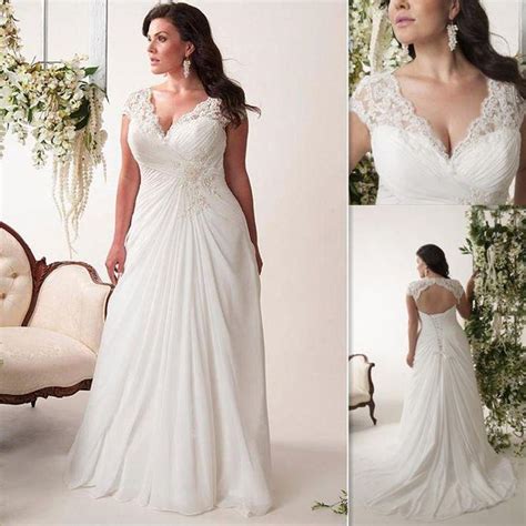 Plus Size Wedding Dresses Cheap 2016 V Neck Pleats Chiffon Long Bridal