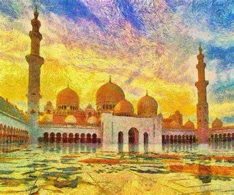Impressionist Oil Painting Of Sheikh Zayed Grand Mosque Uae Stock