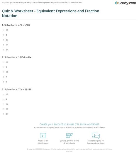 You can do the exercises online or download the worksheet as pdf. Quiz & Worksheet - Equivalent Expressions and Fraction ...