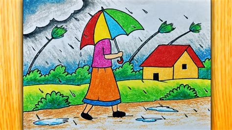 Simple Rainy Season Drawing With Oil Pastels A Girl With Umbrella