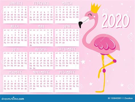 Flamingo Calendar For 2020 Year Cute Design Printable Planner Stock Vector Illustration Of