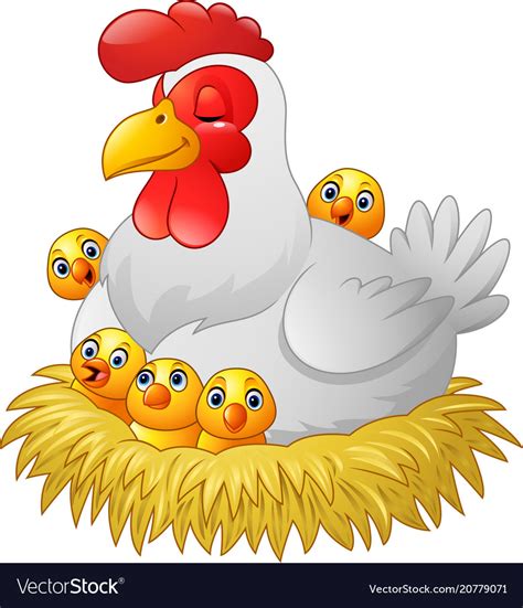 Cute Cartoon Hen With Chickens Sitting In A Nest Vector Image