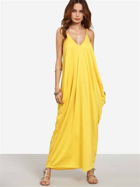 Multicolored silk spaghetti strap dress with contrast printed pleated skirt. Yellow Spaghetti Strap Plain Maxi Dress -ROMWE