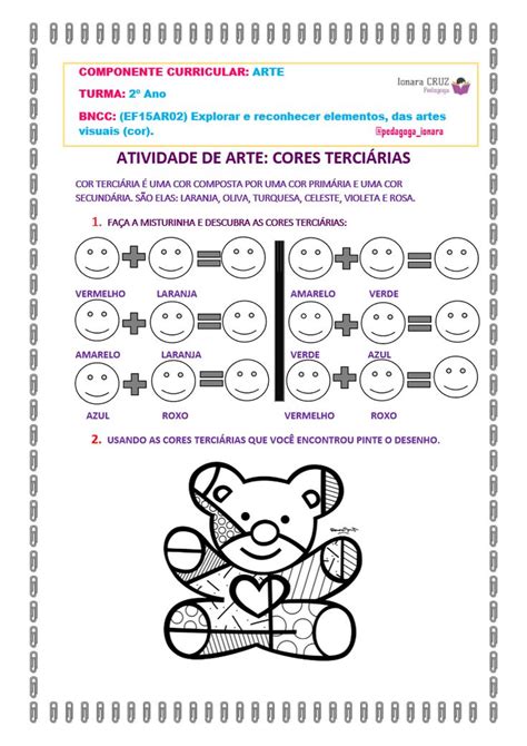 Atividade cores terciárias BNCC Atividades de arte Atividades Atividades alfabetização e