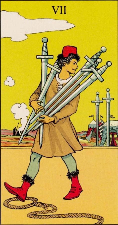 A Tarot Card With An Image Of A Man Carrying Swords