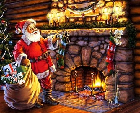 Santa At Cozy Place Fireplace Painting Artwork Chimney Ts Hd