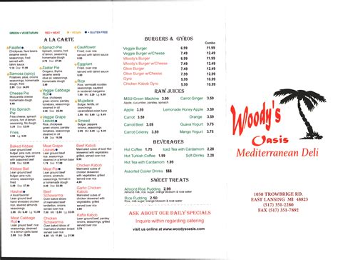 Woody's Oasis Menu - Woody's Oasis Restaurant - East Lansing, Michigan