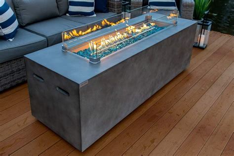 70″ Linear Rectangular Modern Concrete Fire Pit Table W Glass Guard And Crystals In Gray By