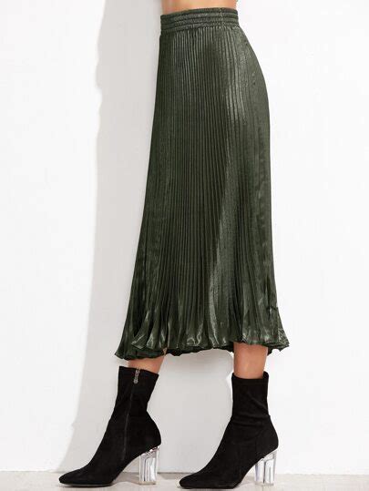 Army Green Elastic Waist Pleated Skirt Sheinsheinside