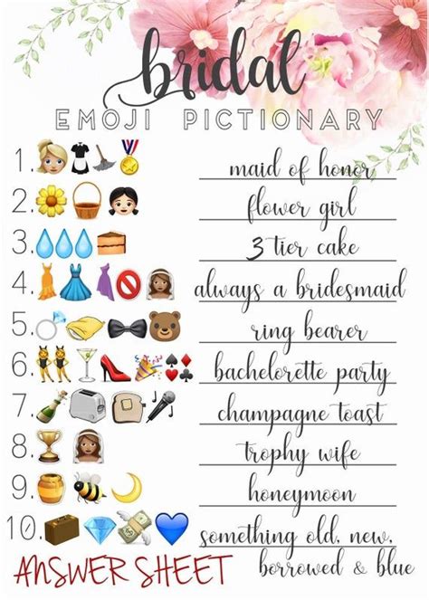 This free emoji pictionary baby shower game printable uses images to guess the name of. Bridal Shower EMOJI Pictionary Guessing Game with answer ...