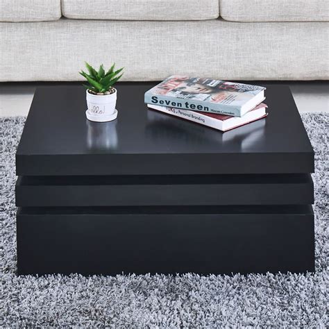 Black Square Coffee Table Rotating Contemporary Modern Living Room