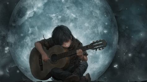 1920x1080 Little Boy On Full Moon Night Playing Guitar Art