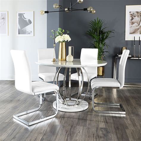 Savoy Round Dining Table And 4 Perth Chairs White Marble Effect And Chrome