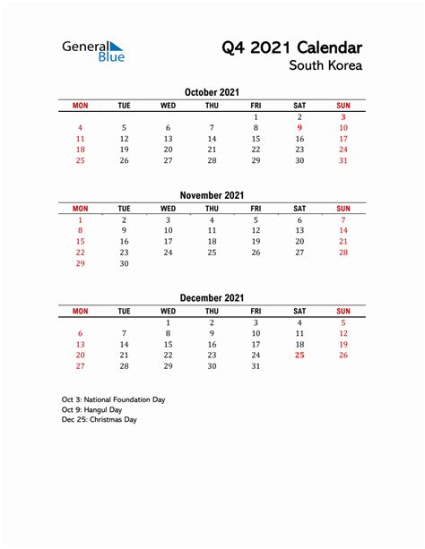 2021 Q4 Calendar With Holidays List For South Korea