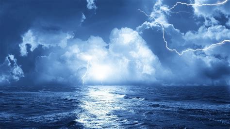 Download Wallpaper 1920x1080 Lightning Sea Storm Clouds Waves