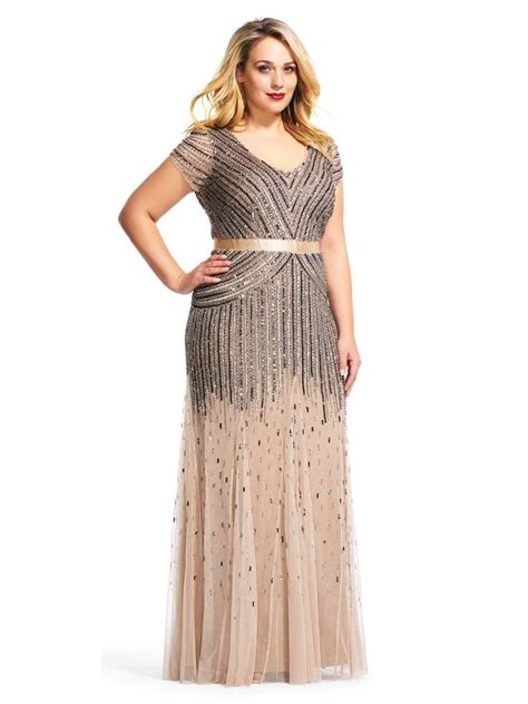 Beaded V Neck Gown Nude CoEdition Plus Size Evening Gown Plus Size