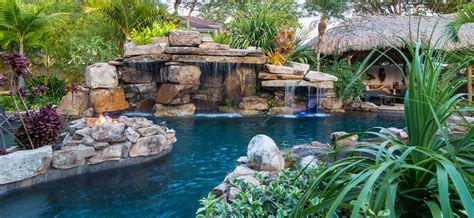 Custom Rock Waterfall Pool Grotto Spa Natural Stream Tiki Hut