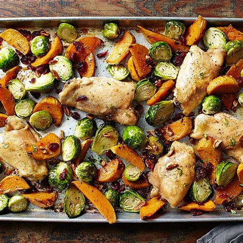 Maple Roasted Chicken Thighs With Sweet Potato Wedges And Brussels Sprouts Recipe Roasted