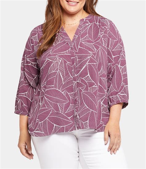 Nydj Plus Size Tropical Leaf Print Notch Neck 34 Sleeve Pintuck Pleat