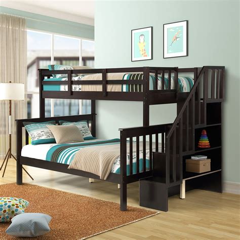 Kepooman Stairway Twin Over Full Wooden Bunk Bed With Stairs And Storage