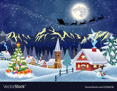 House In Snowy Christmas Landscape At Night Vector Image