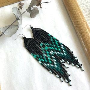 Black Turquoise Beaded Earrings Long Seed Bead Earrings Fringe Etsy