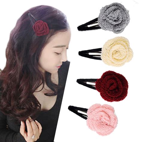 M Mism Fashion New Kintted Woolen Flower Hair Clips Korean Style Sweet Lovely Rose Flower