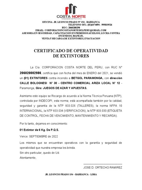Certificado De Operatividad De Extintores Pdf
