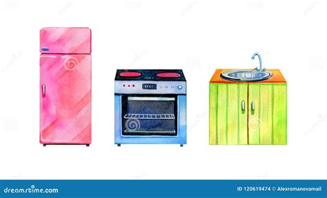Hand Drawn Watercolor Set Of Stylized Kitchen Furniture Oven