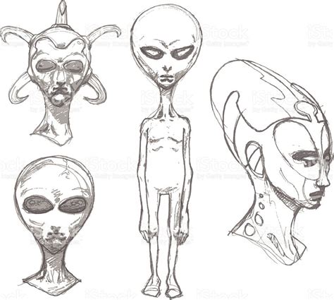Set Of Alien Portraits Pencil Drawing Sketch Coisas Para Desenhar