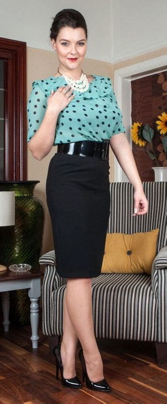 Retro Black Pencil Skirt With Turquoise And Black Polkadot Blouse Plus