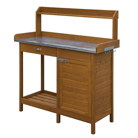 Outdoor Home Garden Potting Bench With Metal Table Top And Storage Cab