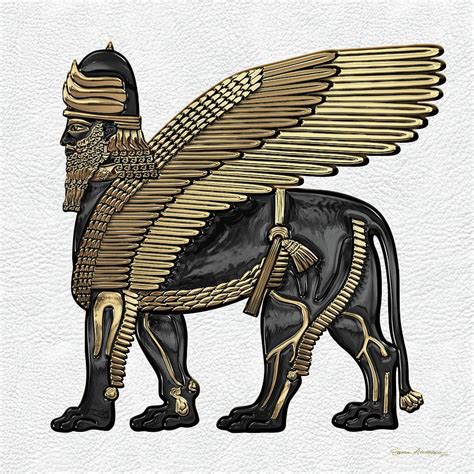 Assyrian Winged Lion Gold And Black Lamassu Over White Leather By