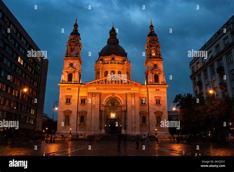 The St Stephens Basilica In Budapest Hungary At The Blue Hour Stock